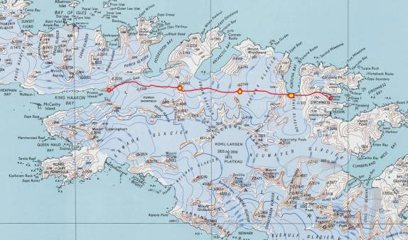Rota de Shackleton para cruzar da costa sul à costa norte da Geórgia (detalhe)